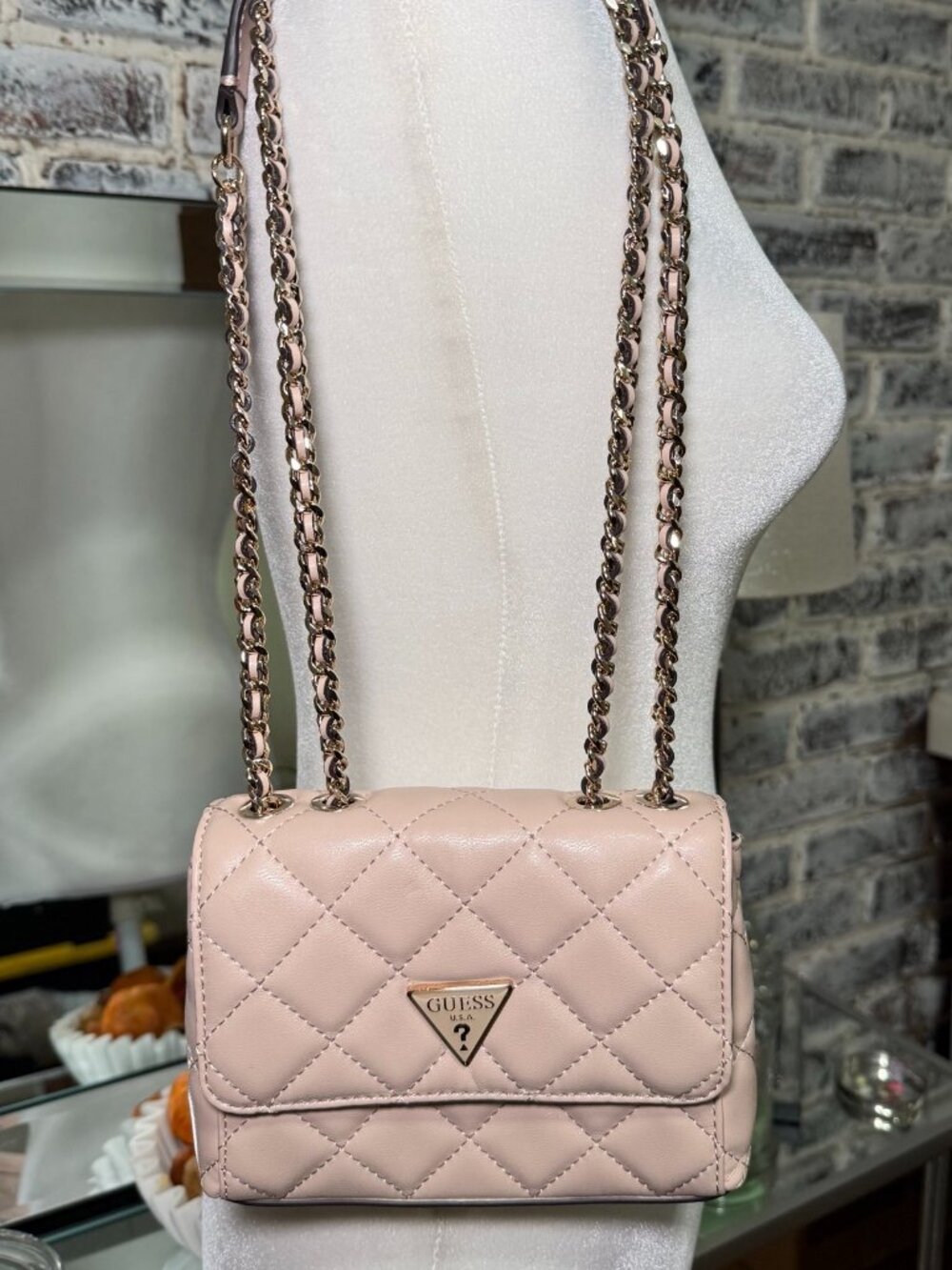 GUESS Giully Mini Convertible Quilted Flap Bag Beige